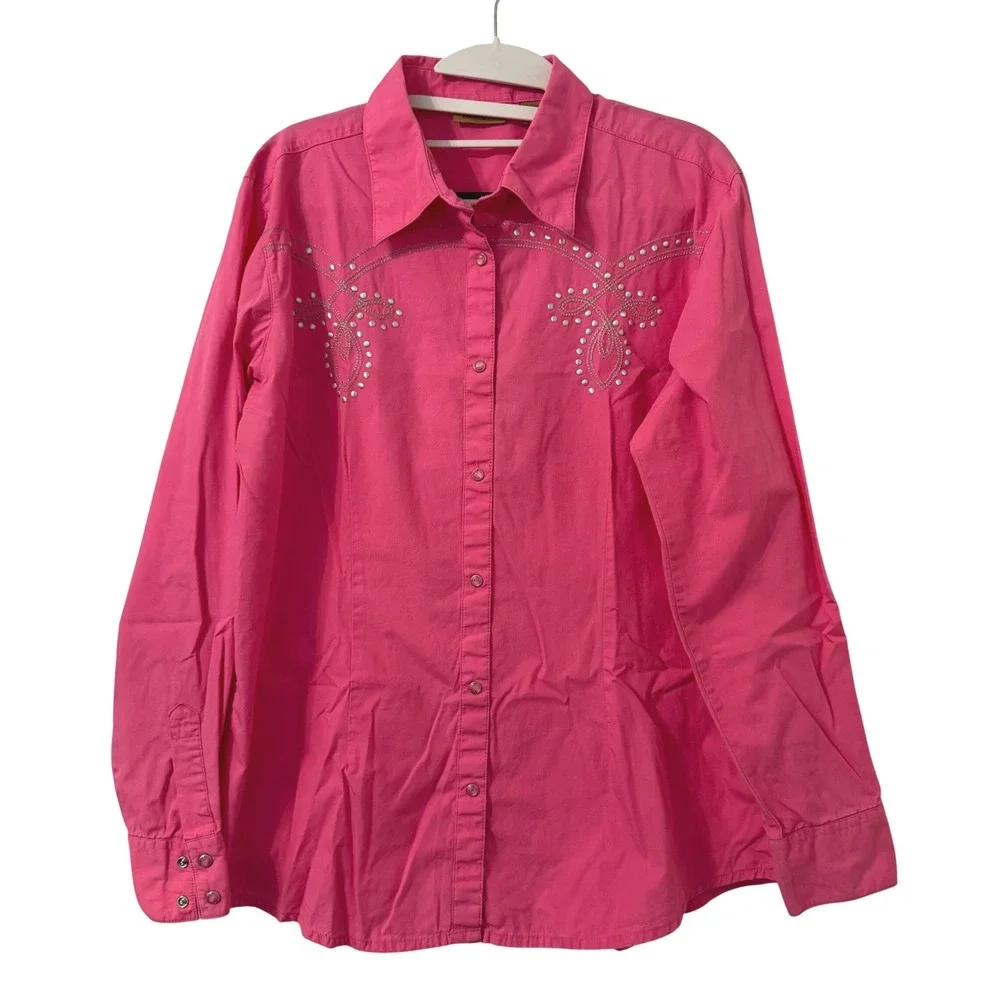 Wrangler Western Shirt Womens L Hot Pink Snap Festival Embroidered Studded‎